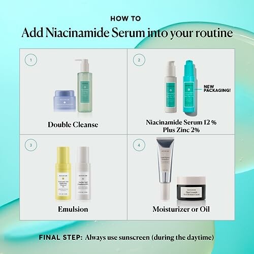 Skincare routine with niacinamide serum and other products.