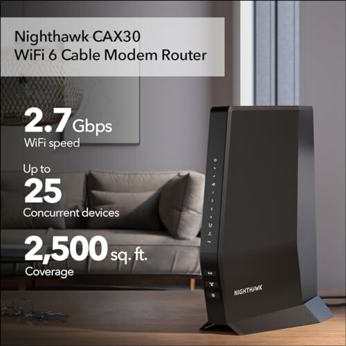 Nighthawk CAX30 WiFi 6 cable modem router with 2.7 Gbps speed and 2500 sq. ft. coverage.