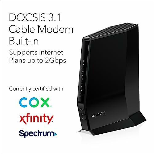 Nighthawk DOCSIS 3.1 cable modem with logos for Cox, Xfinity, and Spectrum.