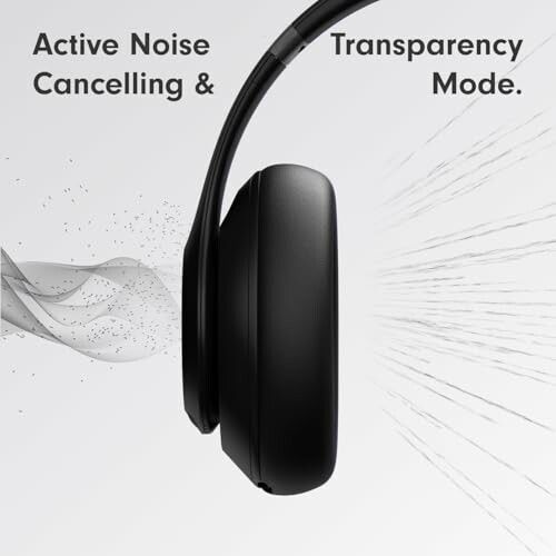 Side view of black headphones with active noise cancelling and transparency mode.