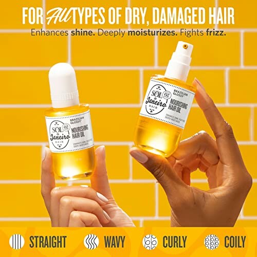 Two hands holding bottles of nourishing hair oil for dry, damaged hair.