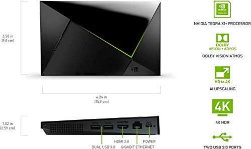 NVIDIA Shield TV with specifications including Tegra X1 processor, Dolby Vision, AI upscaling, 4K HDR, and various ports.