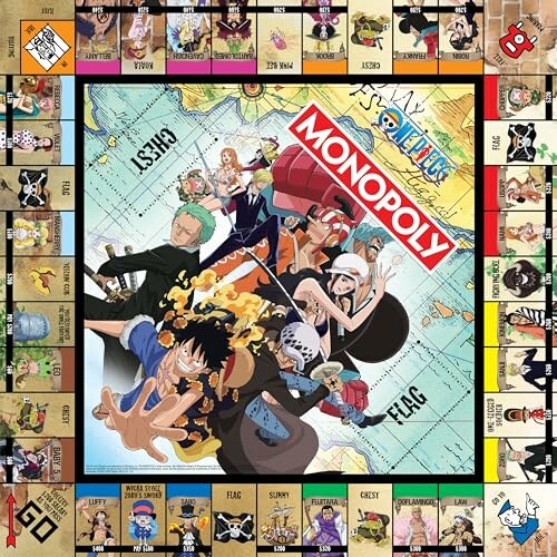 One Piece themed Monopoly board game with characters and properties.