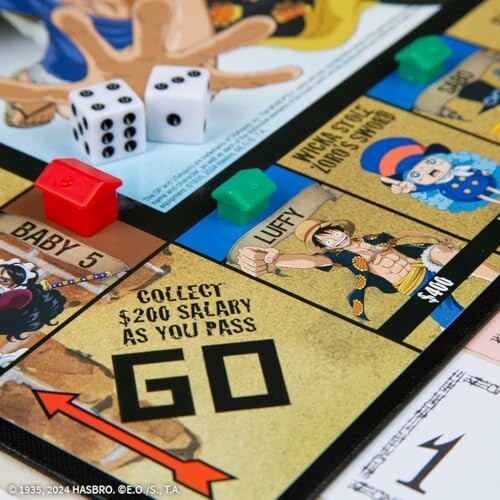 One Piece themed Monopoly board with game pieces and dice.