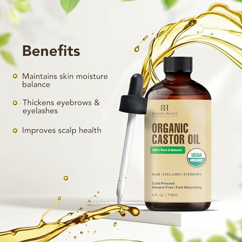 Organic castor oil bottle with benefits listed: maintains skin moisture, thickens eyebrows, improves scalp health.