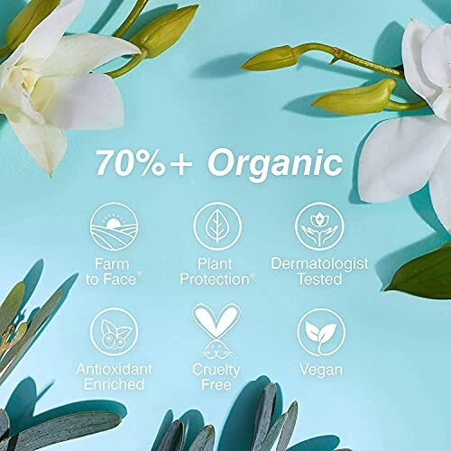 Organic skincare benefits with icons on a blue background, featuring flowers.