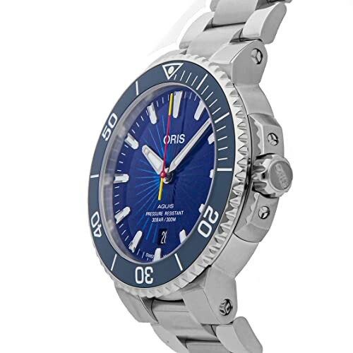 Oris Aquis wristwatch with blue dial and stainless steel bracelet