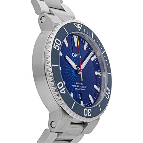 Oris Aquis dive watch with blue face and stainless steel band