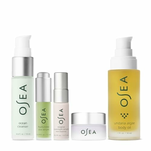 OSEA skincare product lineup including cleanser, serum, and body oil.