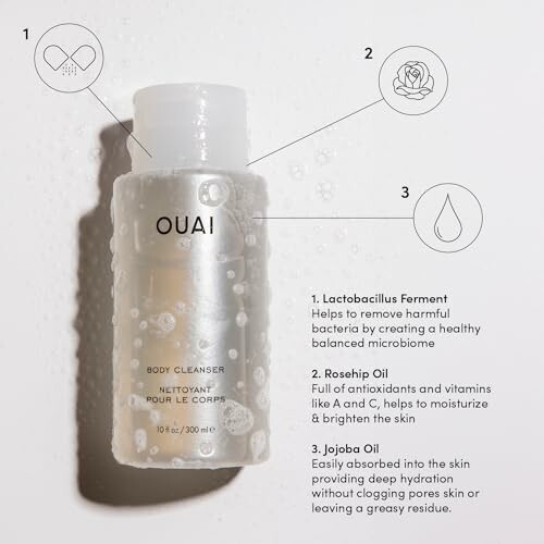 Ouai body cleanser with highlighted ingredients and benefits.