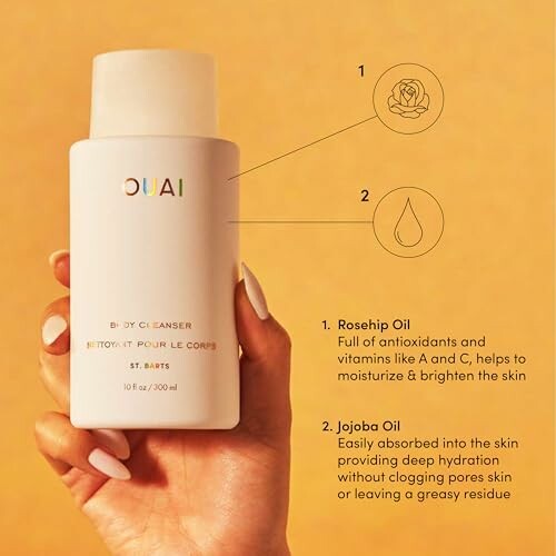 OUAI body cleanser bottle with rosehip and jojoba oil benefits.