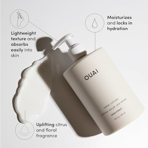 OUAI hand lotion bottle with lotion spill and product benefits