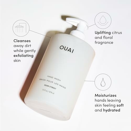 OUAI hand wash bottle with text highlighting cleansing and moisturizing benefits.