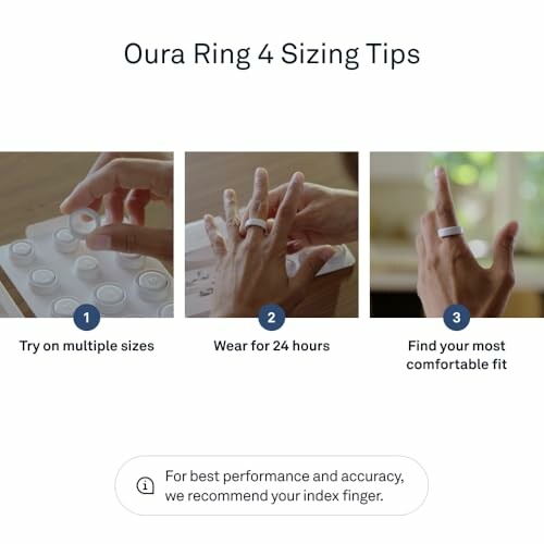 Steps for sizing Oura Ring 4: try multiple sizes, wear for 24 hours, find comfortable fit.