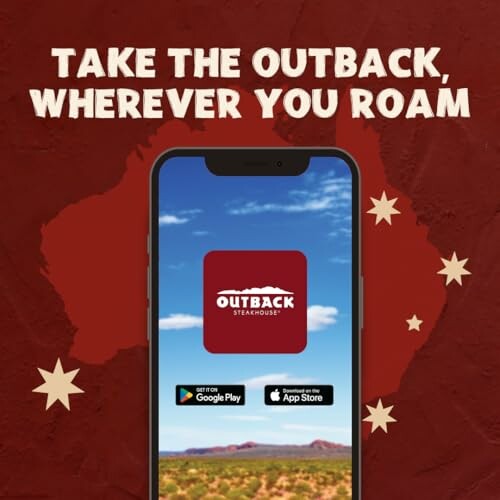 Outback Steakhouse app promotion with phone displaying app icons.