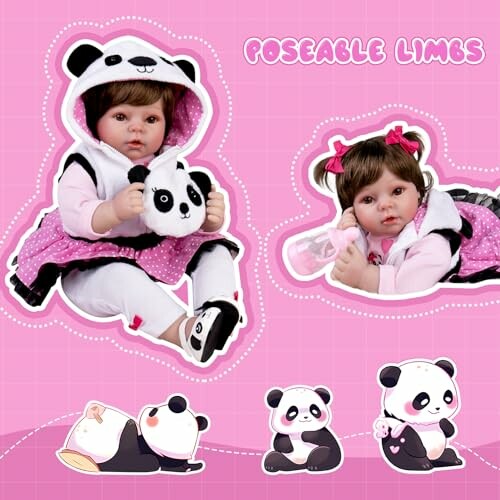 Baby doll in panda-themed outfit with poseable limbs.