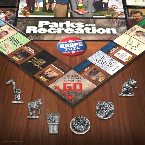 Parks and Recreation themed board game with character tokens.