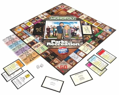 Parks and Recreation themed Monopoly board game with cards and dice.