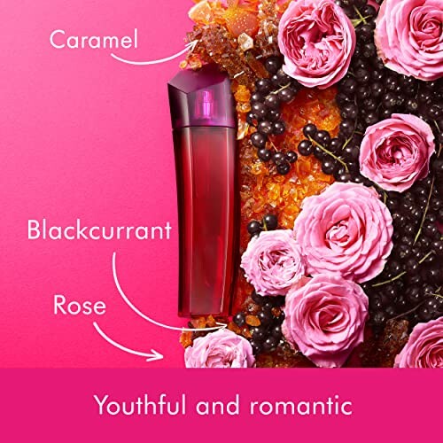 Perfume bottle with roses, caramel, and blackcurrant