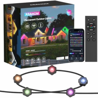 Box and components of permanent outdoor lights with remote and app.