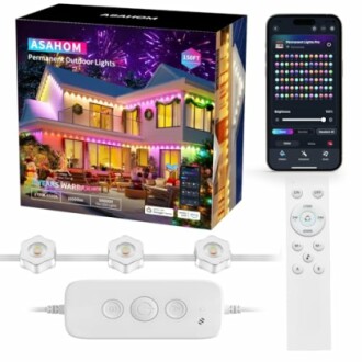 Outdoor lights set with control app, remote, and box.