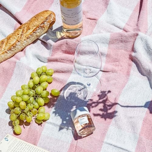 Picnic setup with wine, grapes, and bread on a striped blanket.