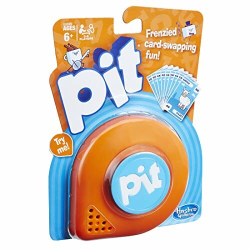 Pit card game packaging for ages 6 and up, frenzied card-swapping fun.