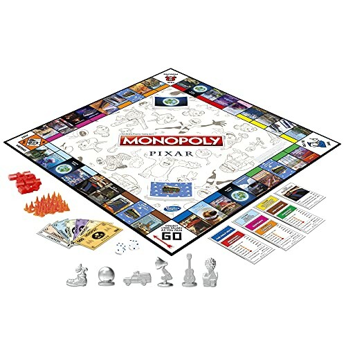 Pixar-themed Monopoly board game with pieces and cards.