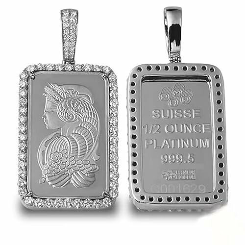 Two platinum pendants, one with a design, the other with text.