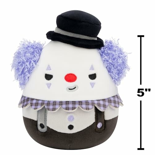 Plush clown toy with purple hair and black hat