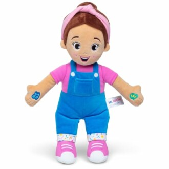 Colorful plush doll with pink shirt and blue overalls