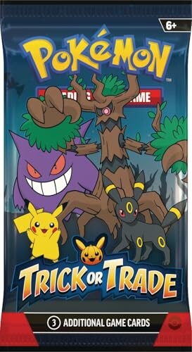 Pokemon Trick or Trade card pack with Gengar, Pikachu, Trevenant, and Umbreon.