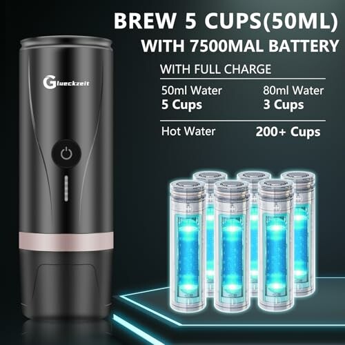 Portable coffee brewer with 7500mAh battery and capacity details.