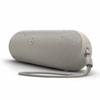 Portable Bluetooth speaker with a wrist strap.