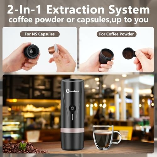 2-in-1 coffee extraction system for capsules and powder with device and coffee cup.