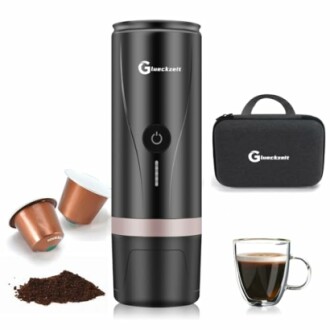 Portable coffee maker with pods, carrying case, and coffee cup