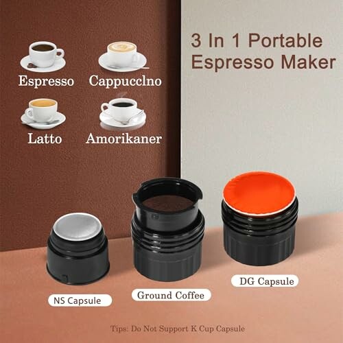 3-in-1 portable espresso maker with coffee options and capsules.