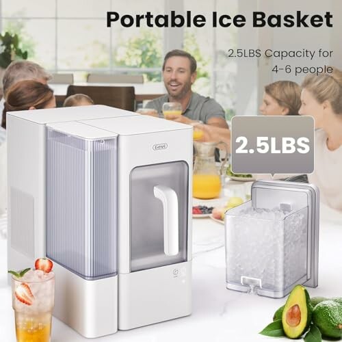 Portable ice basket with 2.5 lbs capacity for 4-6 people, shown on a dining table.