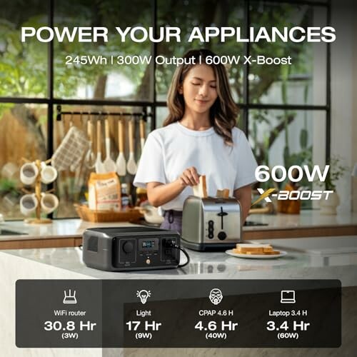 Woman using a portable power station to power a toaster in kitchen.