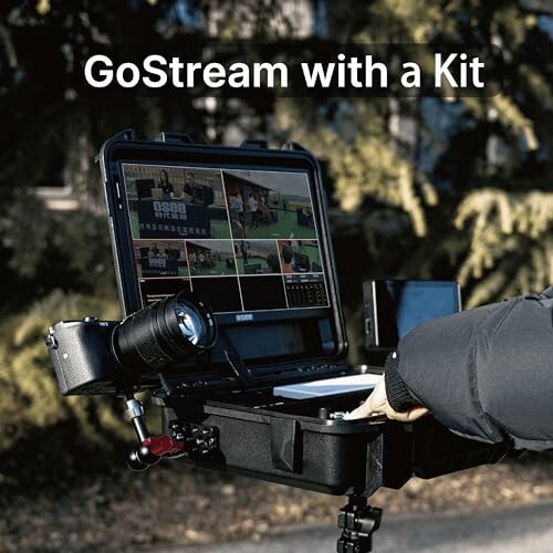 Portable streaming kit setup with camera and monitor outdoors