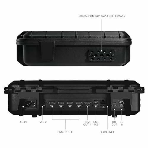 Black portable video switcher case with multiple input and output ports.