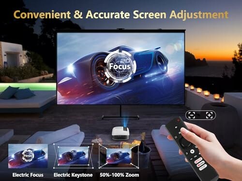 Projector displaying car image with remote control and adjustment features.