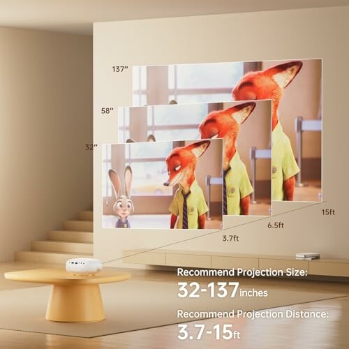 The projector displaying different screen sizes with cartoon characters