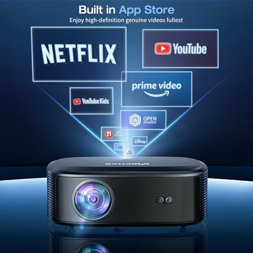 Projector with streaming service logos including Netflix, YouTube, and Prime Video.