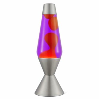 A purple and red lava lamp with silver base.