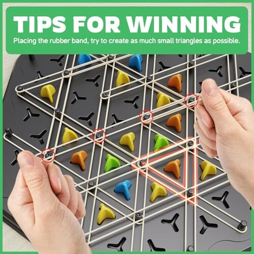 Hands placing rubber bands on a puzzle board to create triangles.