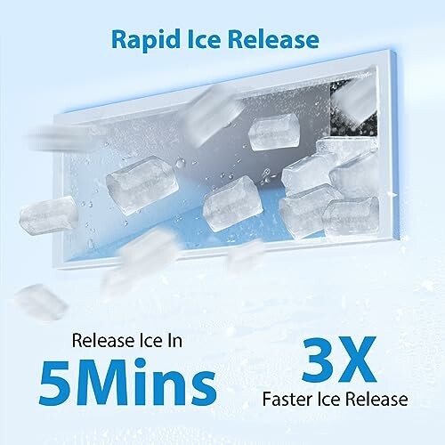 Ice cubes rapidly released from a tray with text highlighting 5-minute release and 3x speed.