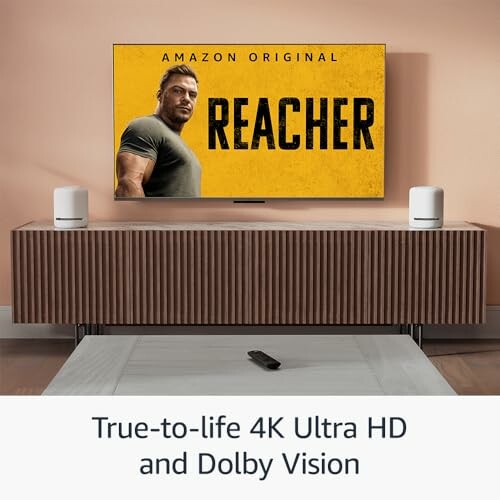 TV displaying Amazon Original Reacher with man on screen, emphasizing 4K Ultra HD and Dolby Vision