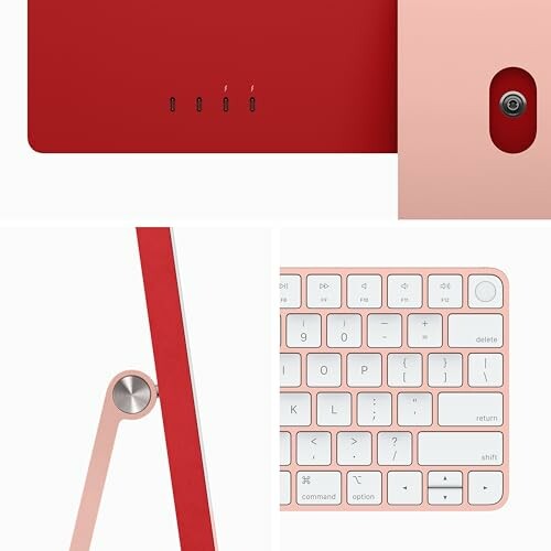 Red computer and keyboard with close-up details