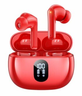 Red wireless earbuds with charging case and LED display